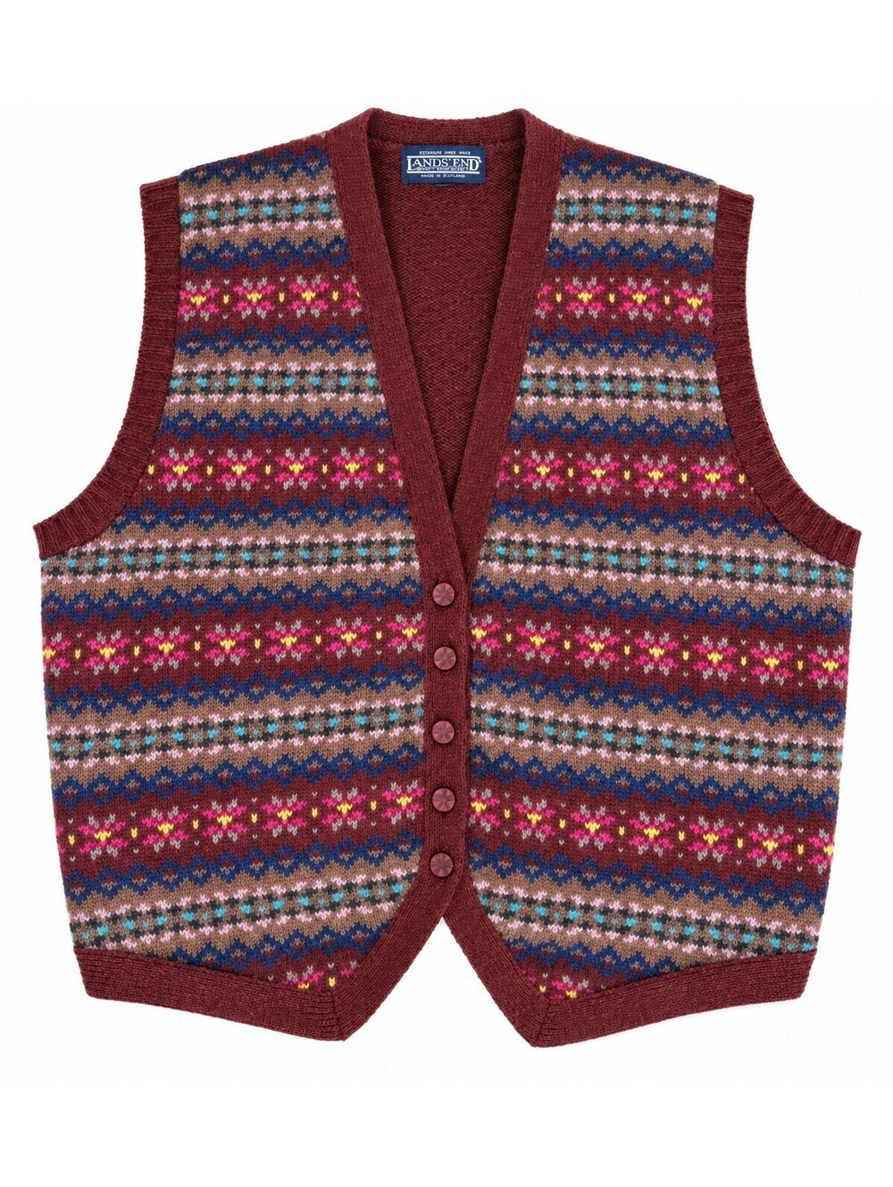 VTG Lands End W XL Shetland Wool Fair Isle Sweater Vest Burgandy Scotland 80's